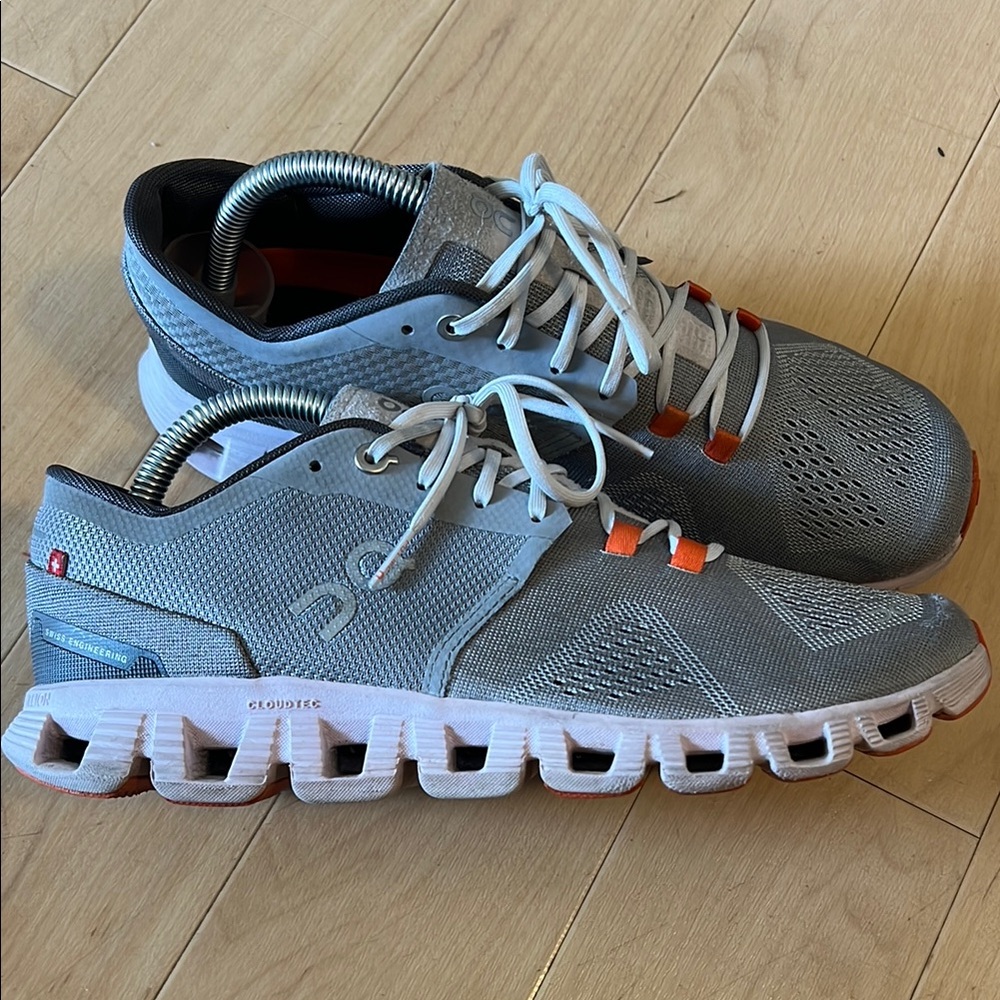 On Running Gray and Orange Athletic Shoes with Cushioned Midsole